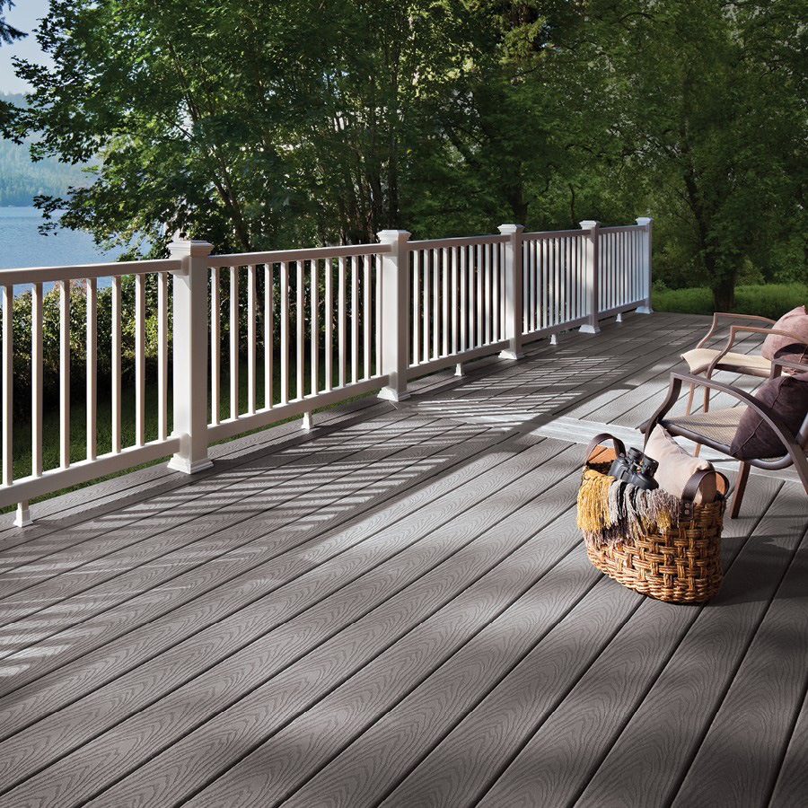 Trex decking on a deck with a basket of towels